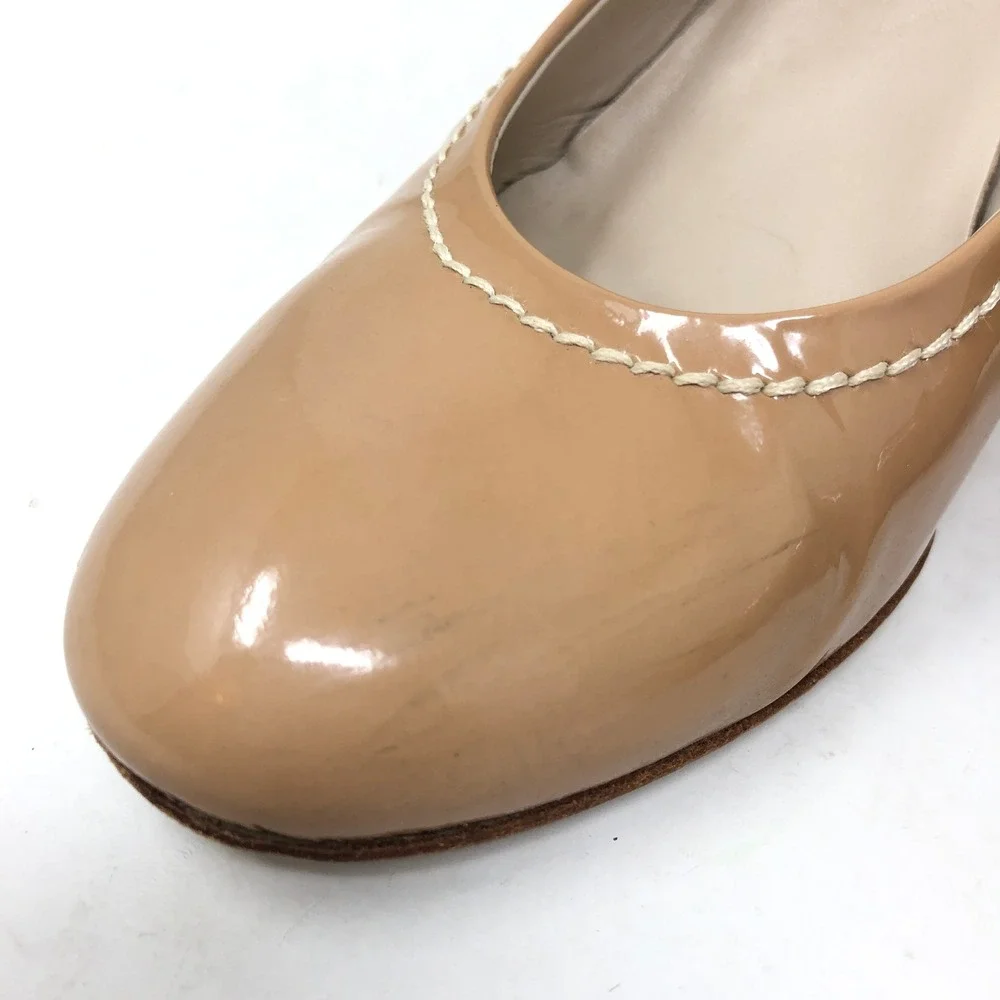 AGL Tan Patent Leather Pumps Round Toe Stitch Heels Womens 38.5